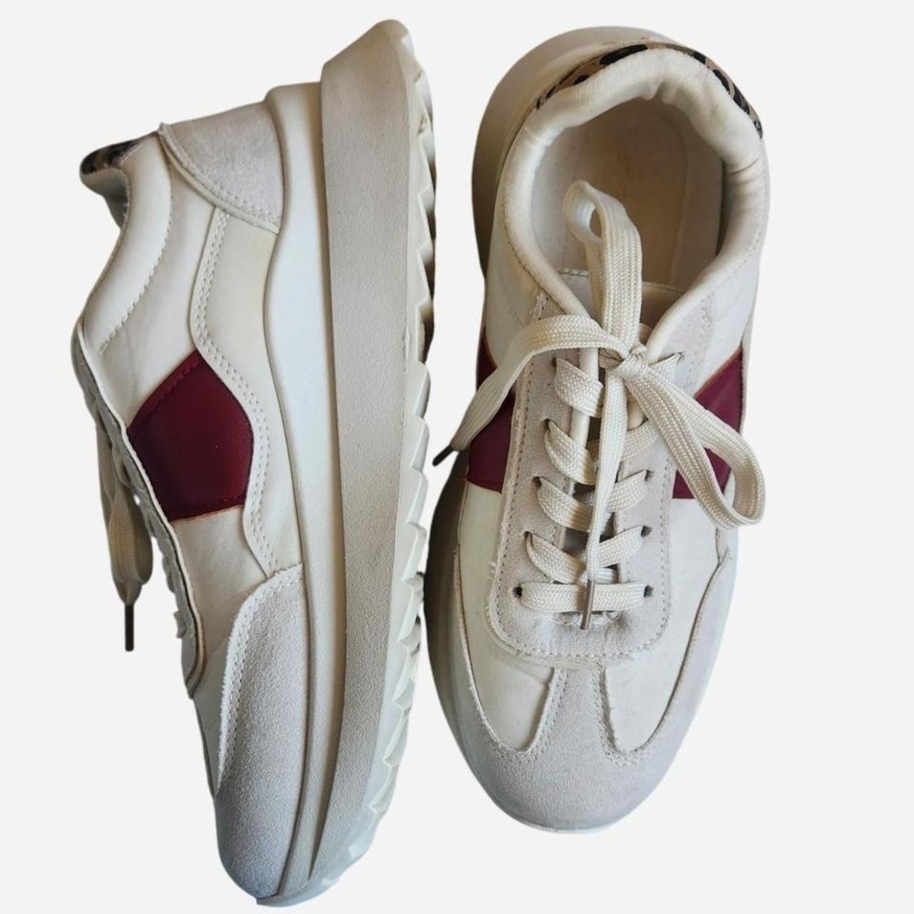 Madden Girl Platform Sneakers White Burgundy Leopard Print detail and Retro Vibe